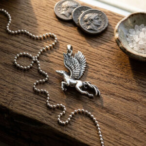 Pendentif Pégase le cheval ailé sculpté en argent massif 925, dimensions 3 par 3,5 cm.