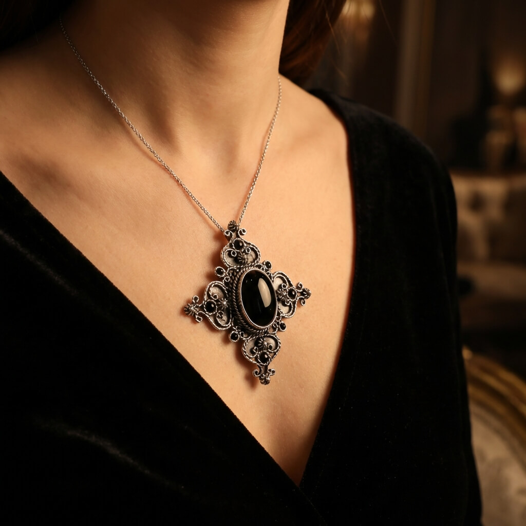Pendentif en Argent Massif et Onyx Noir en forme de croix