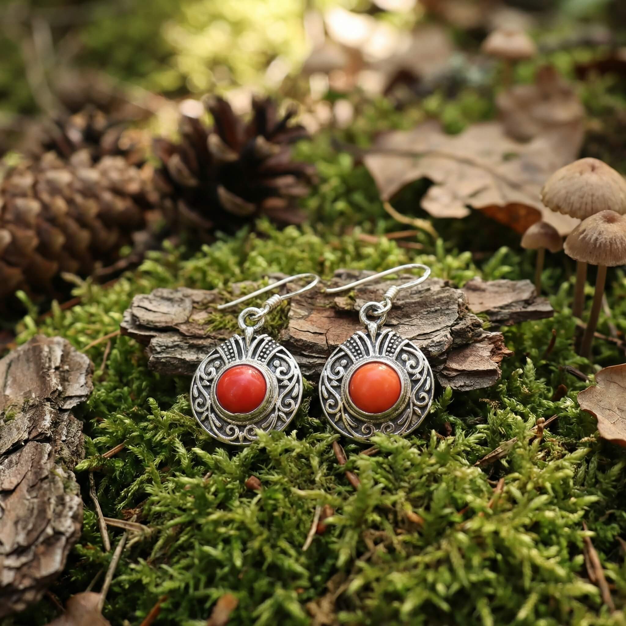 boucle oreille en argent cornaline ronde