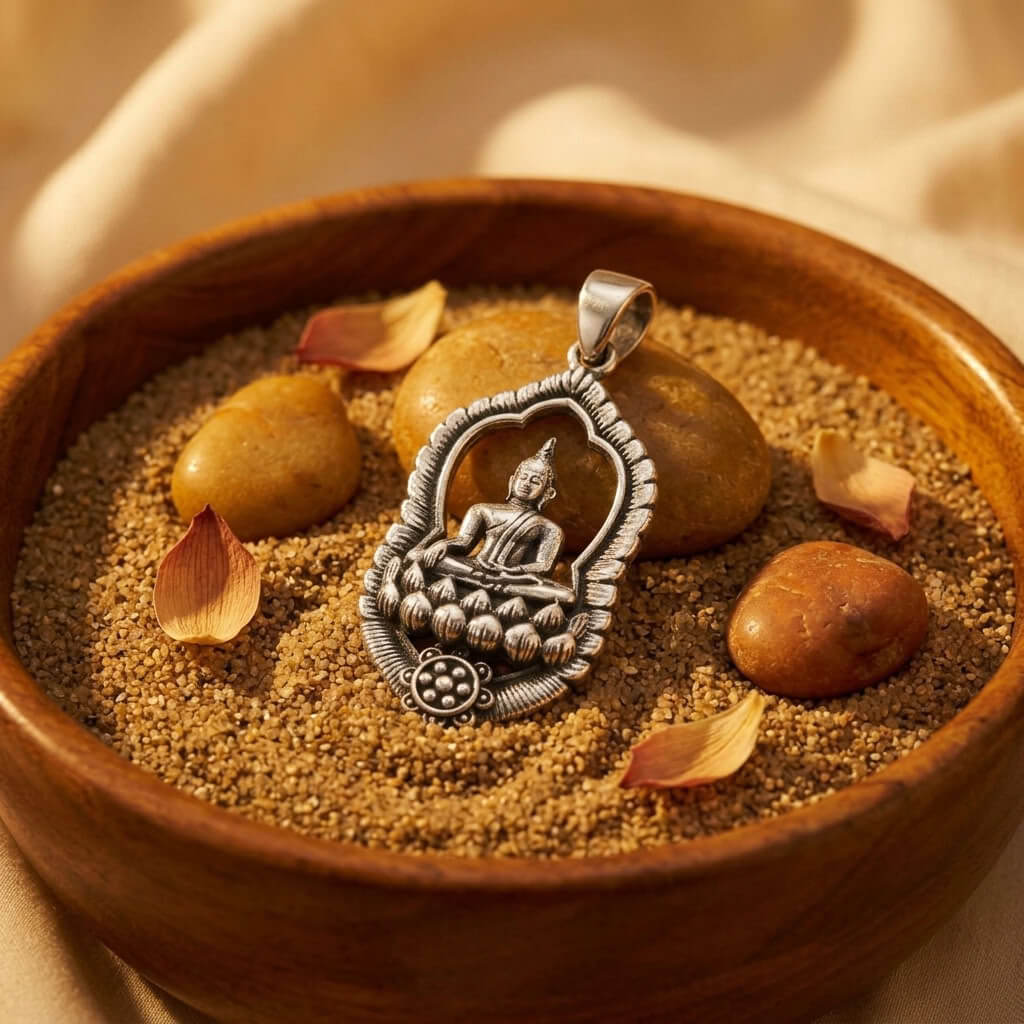 Pendentif en argent 925 sculpté représentant le Bouddha assis en méditation sur une fleur de lotus.
