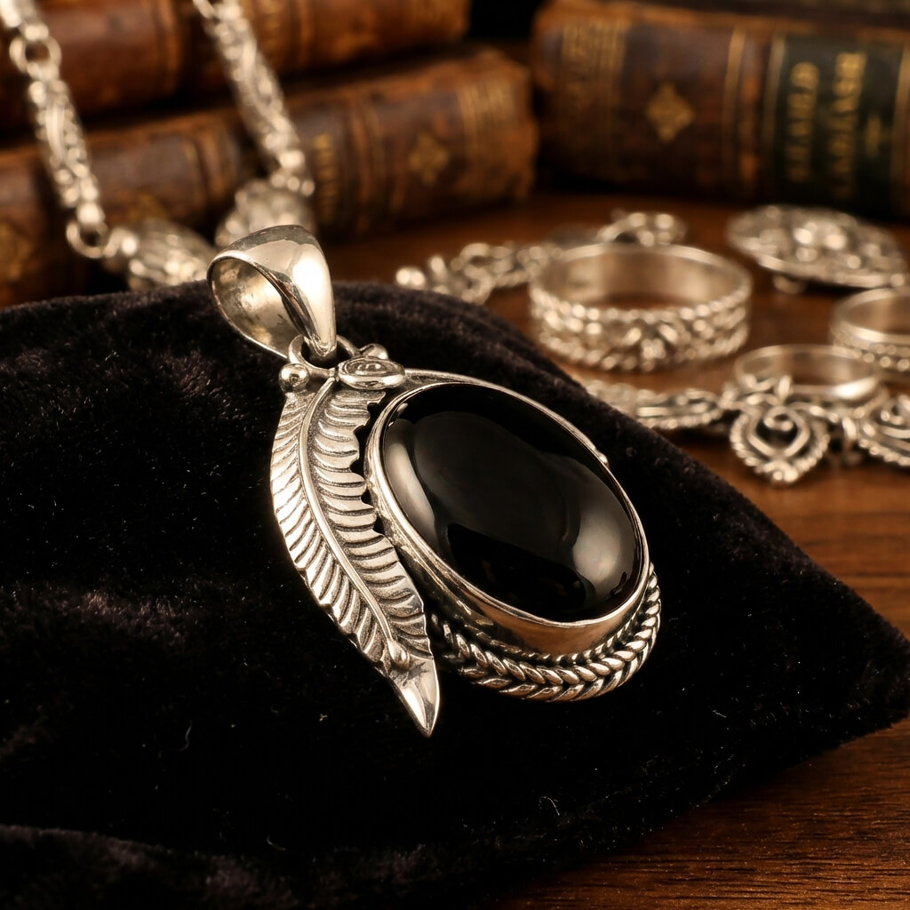 Pendentif en Argent Massif et Onyx Noir – Élégance Naturelle et Design Feuillu
