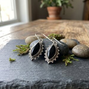 boucles oreilles argent et onyx marquise