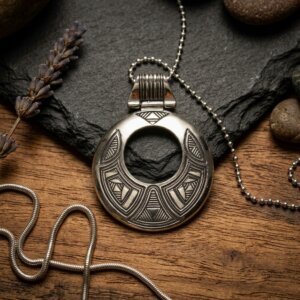 Pendentif Ethnique Rond en Argent Massif 925 — Bouclier Tribal Gravé (5,5 x 4,2 cm)