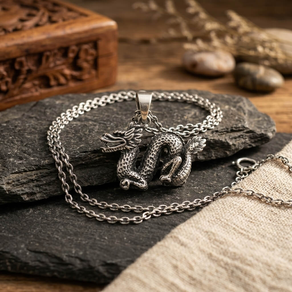 Pendentif dragon asiatique en argent massif plein 925 sculpté en relief avec détails d'écailles.