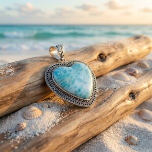  Pendentif Cœur en Larimar et Argent Pièce unique