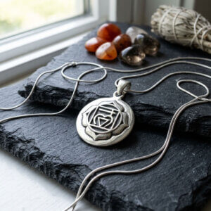 Pendentif médaillon rond symbole Chakra Racine Muladhara en argent massif 925, diamètre 22 mm.