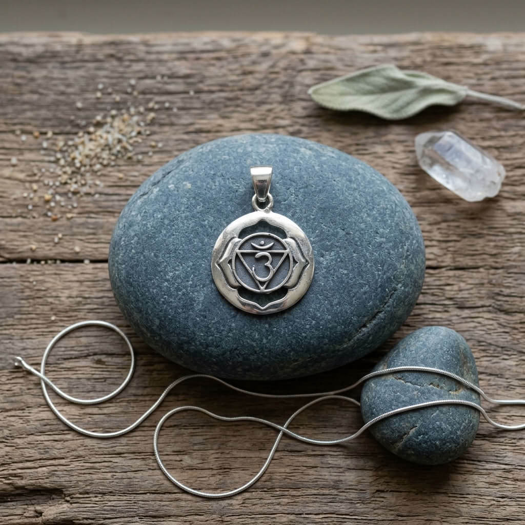 Pendentif rond symbole Chakra du Troisième Œil Ajna en argent massif 925 ajouré, diamètre 22 mm.