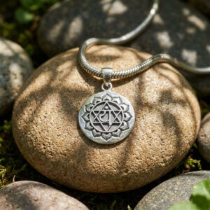 Pendentif médaillon rond symbole Chakra du Cœur Anahata en argent massif 925, diamètre 22 mm.
