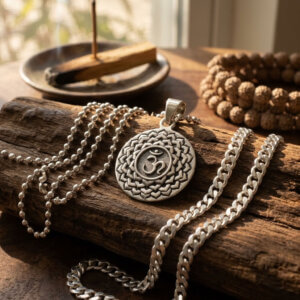 Pendentif médaillon rond symbole Chakra Couronne Sahasrara avec lotus et Om en argent massif 925, diamètre 22 mm.