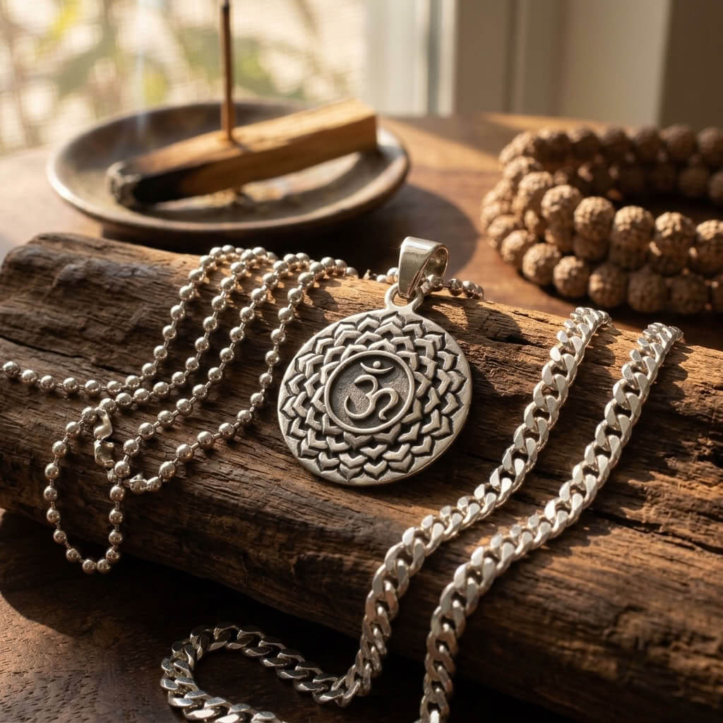 Pendentif médaillon rond symbole Chakra Couronne Sahasrara avec lotus et Om en argent massif 925, diamètre 22 mm.