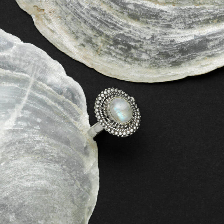 Bague Pierre de Lune Arc-en-Ciel ou Labradorite blanche