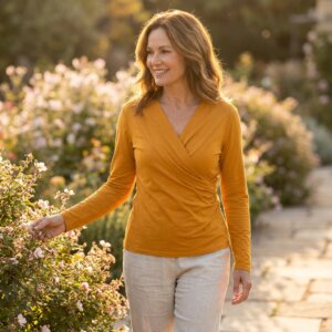 Top croisé jaune orange en viscose, manches longues, fabriqué en Inde.