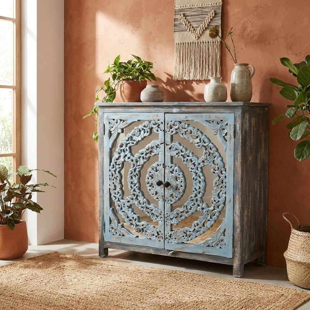 meuble bleu avec miroir