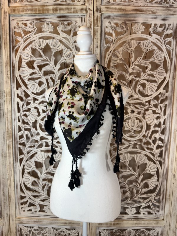 foulard carré viscose fleur noir