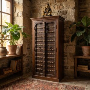 Armoire Indienne Unique – Teck Massif & Porte Ancienne du Rajasthan