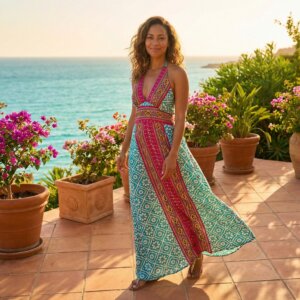 longue robes avec motifs imprimé en soie synthèse turquoise et rouge