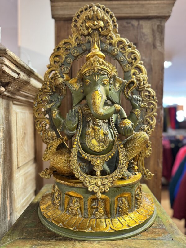 Grand Ganesh assi Vert et or en bronze