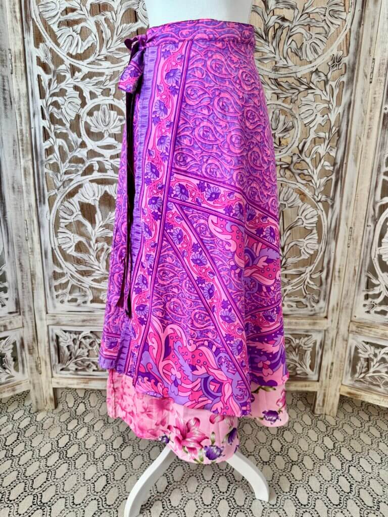 Jupe porte feuille réversible imprimé rose et violet