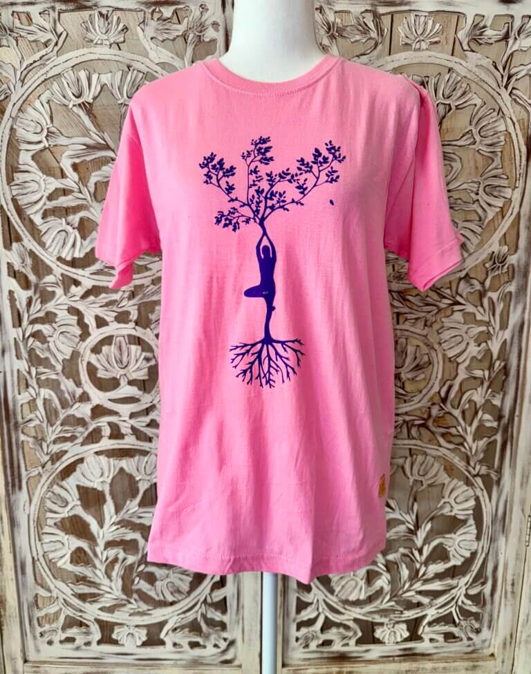 t shirt arbre yoga en coton rose