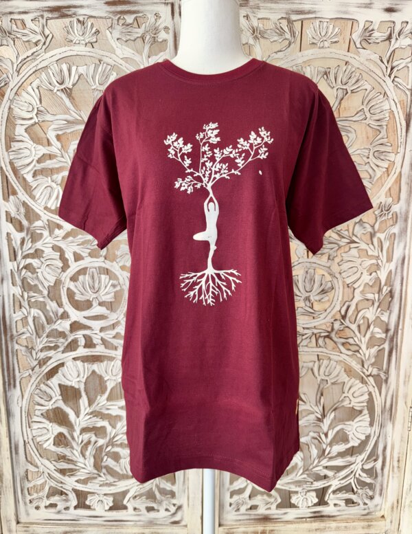 t shirt arbre yoga en coton bordeaux