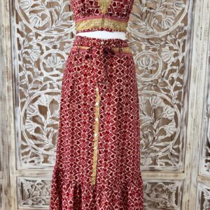 ensemble Indira jupe et top soie synthétique rouge et gold