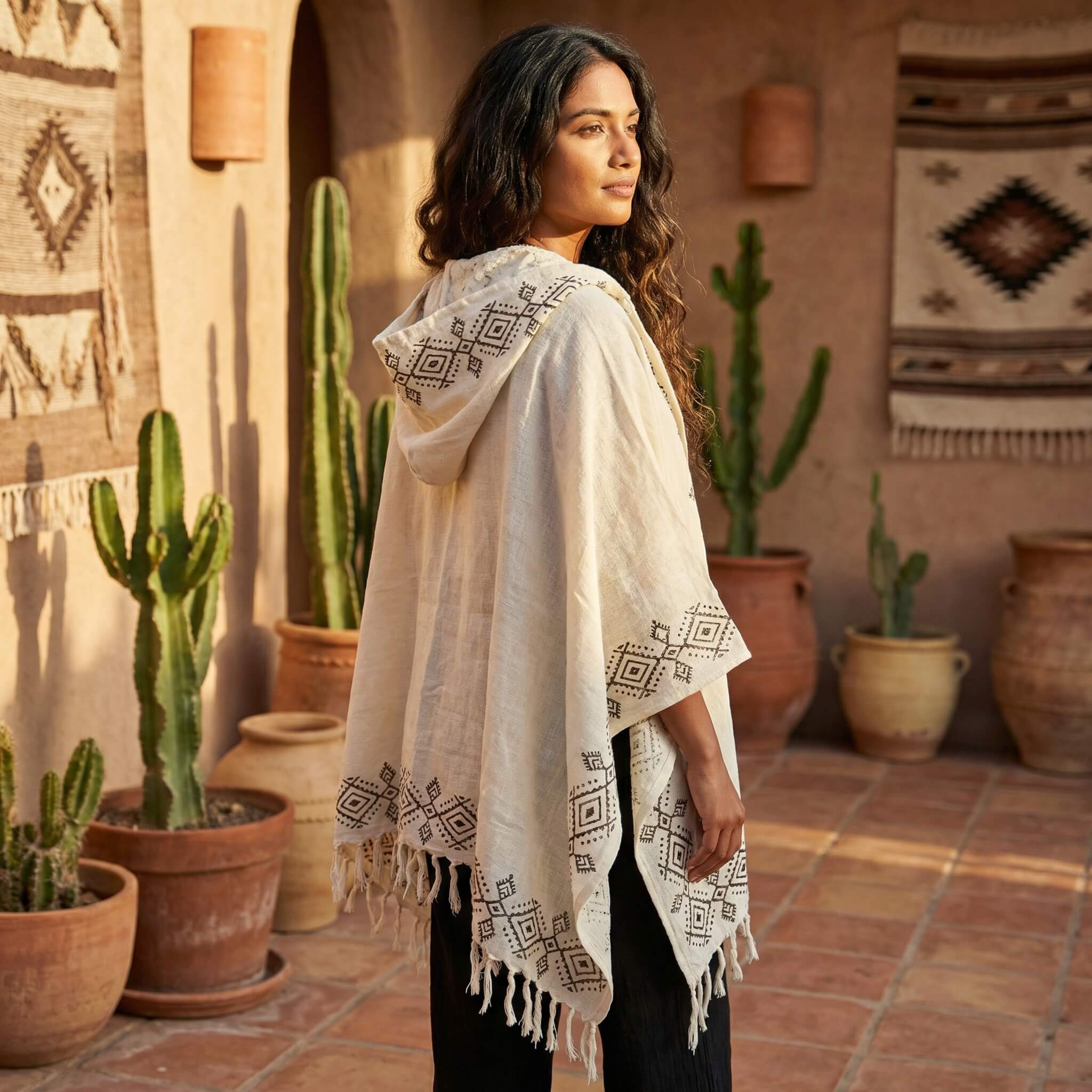 poncho Blanc en coton jute