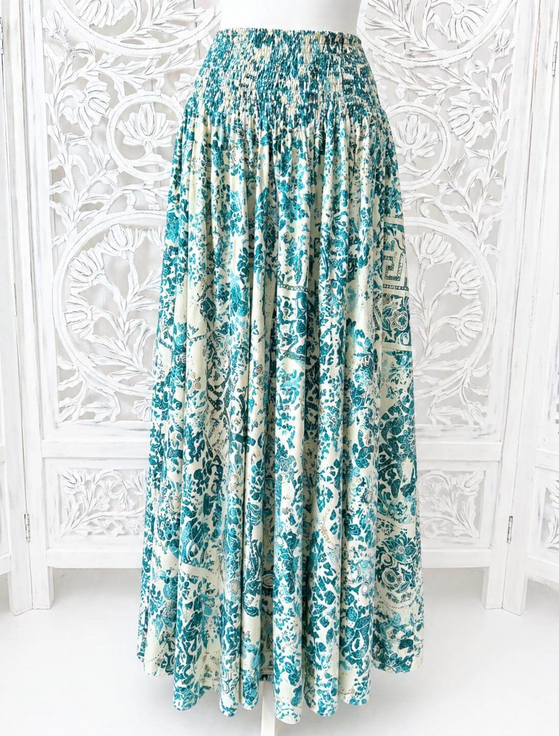 Pantalon jupe soie imprimé blanc turquoise