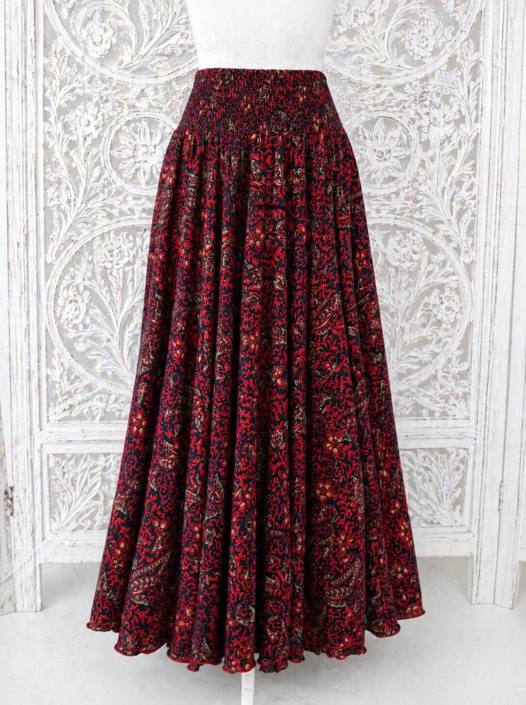 Pantalon jupe soie imprimé rouge foncé