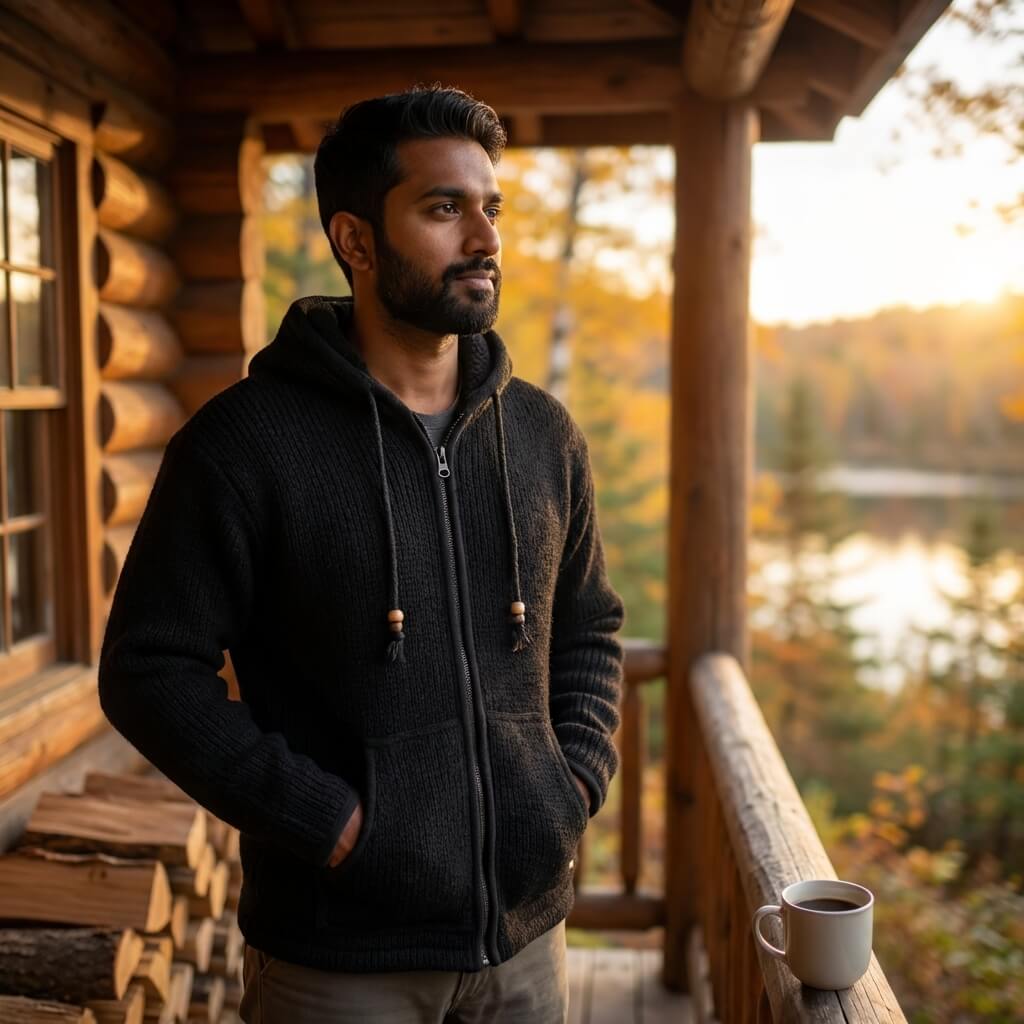 veste en laine de mouton et doubler polaire du Népal Noir