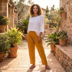 Pantalon lin et viscose jaune moutarde