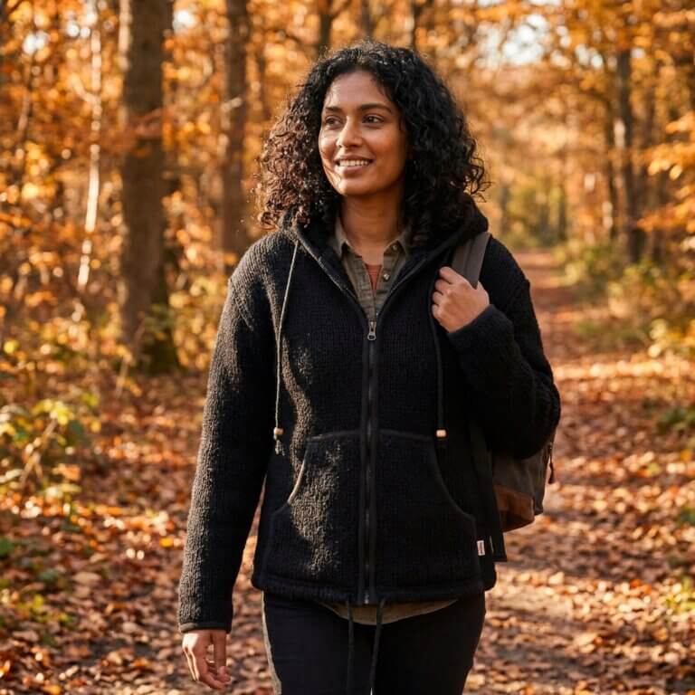 veste en laine de mouton et doubler polaire du Népal Noir