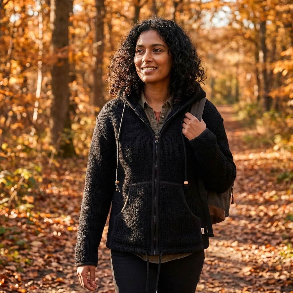 veste en laine de mouton et doubler polaire du Népal Noir