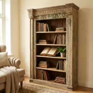 Bibliothèque Indienne Authentique – Bois Massif & Porte Ancienne Sculptée