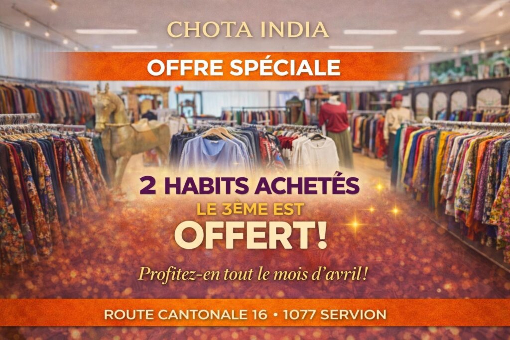 Offre spéciale, 2 habits achetés, le 3eme est offert tout le mois d'avril 2026